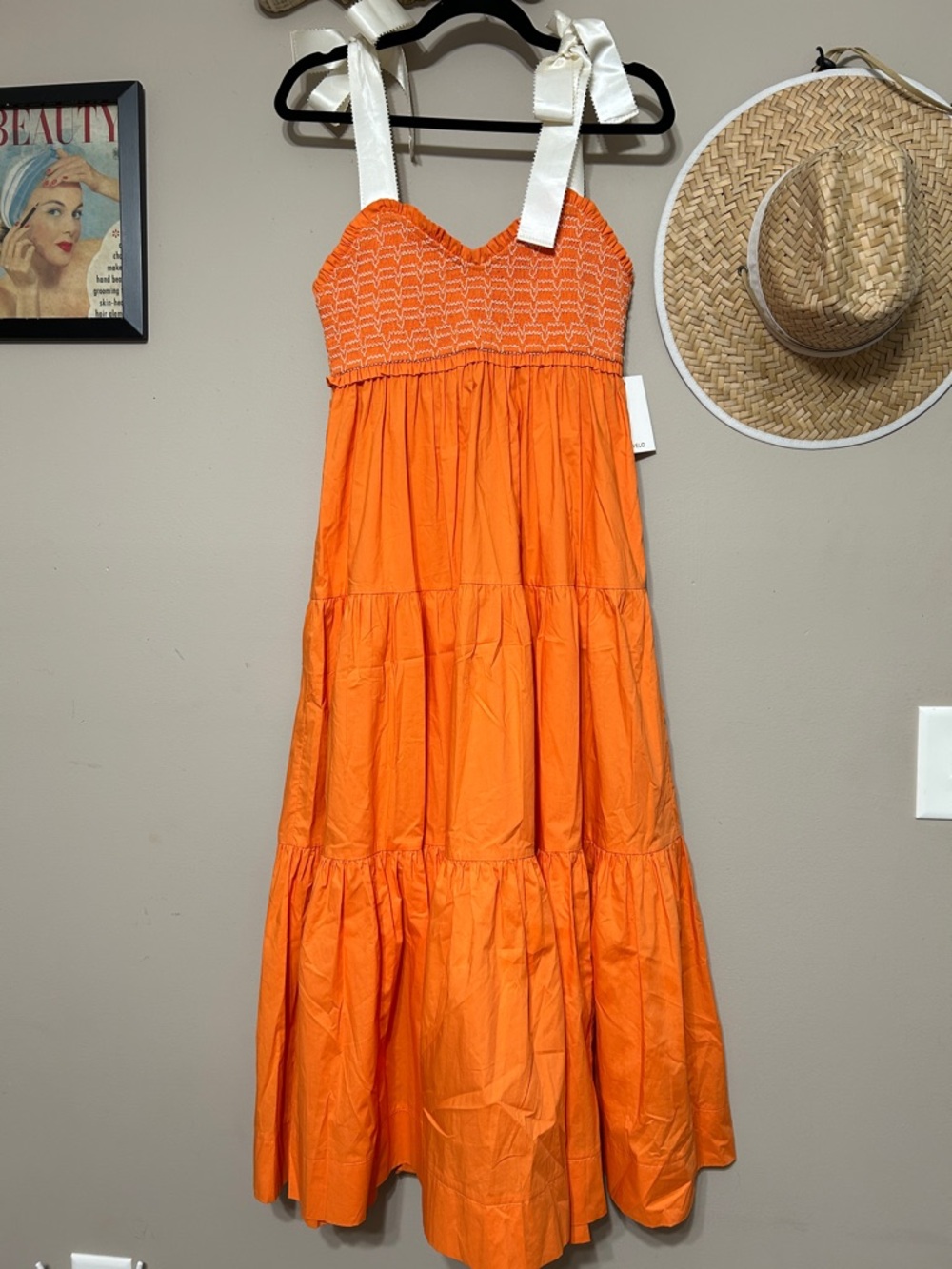 Smocked Tie-Strap Orange Maxi Dress with Ivory Bows